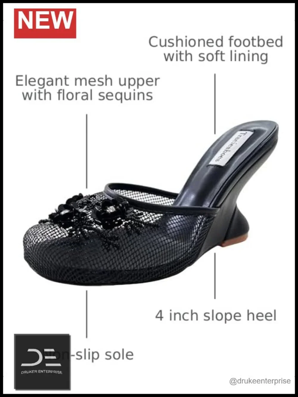 Women's Mesh Mule Sandals Floral Sequin Heel Slides 4 Inch Wedge